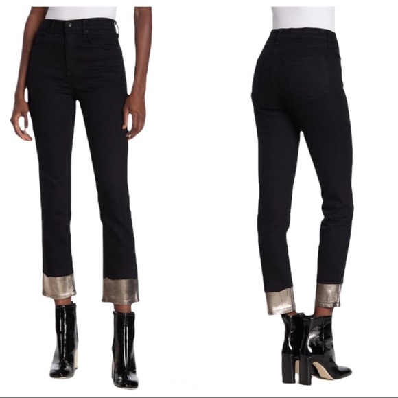 Rag & Bone NWT Bilbury Ankle Cigarette Metallic Hem Jean Size 25 Black/Gold - Picture 1 of 14